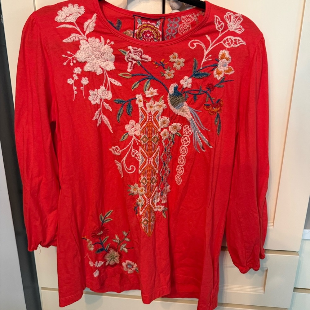 Johnny Was Vibrant Red Embroidered Blouse